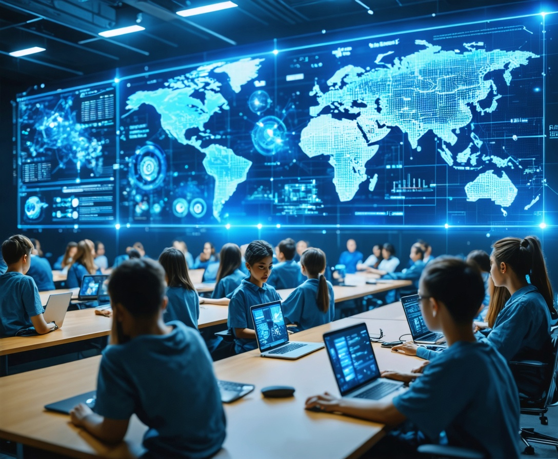Студенты в современном технологичном классе работают с ИИ